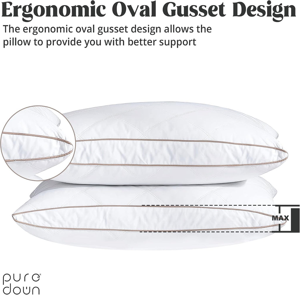 puredown® Natural Goose Down Feather Pillows for Sleeping Oval Gusseted Down Feather Pillow 100% Cotton Pillow Cover with Leaf Quilting…