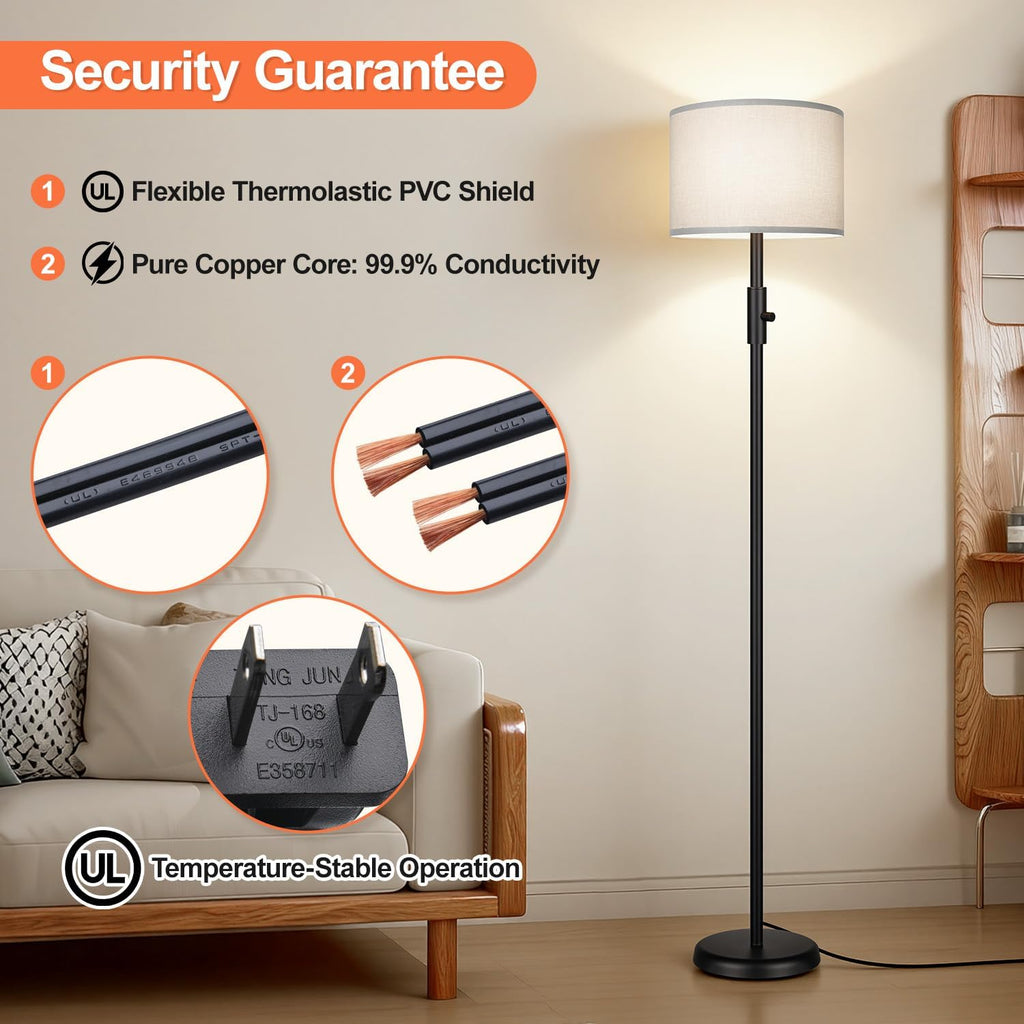 Floor Lamp Simple Design with Shade, Small Tall Lamps for Living Room Bedroom Office Dining Room Kitchen, Black Pole Lamp-Gray