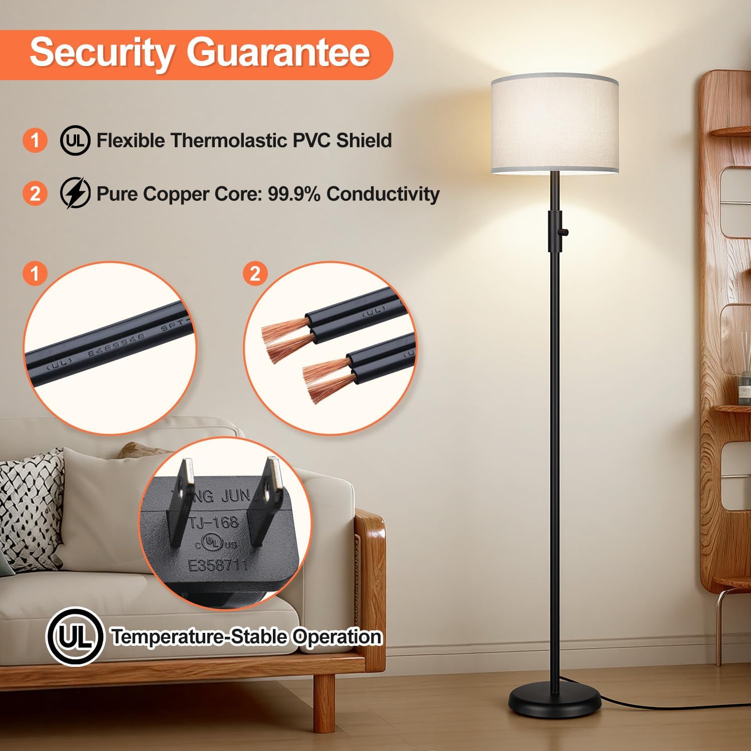 Floor Lamp Simple Design with Shade, Small Tall Lamps for Living Room Bedroom Office Dining Room Kitchen, Black Pole Lamp-Gray