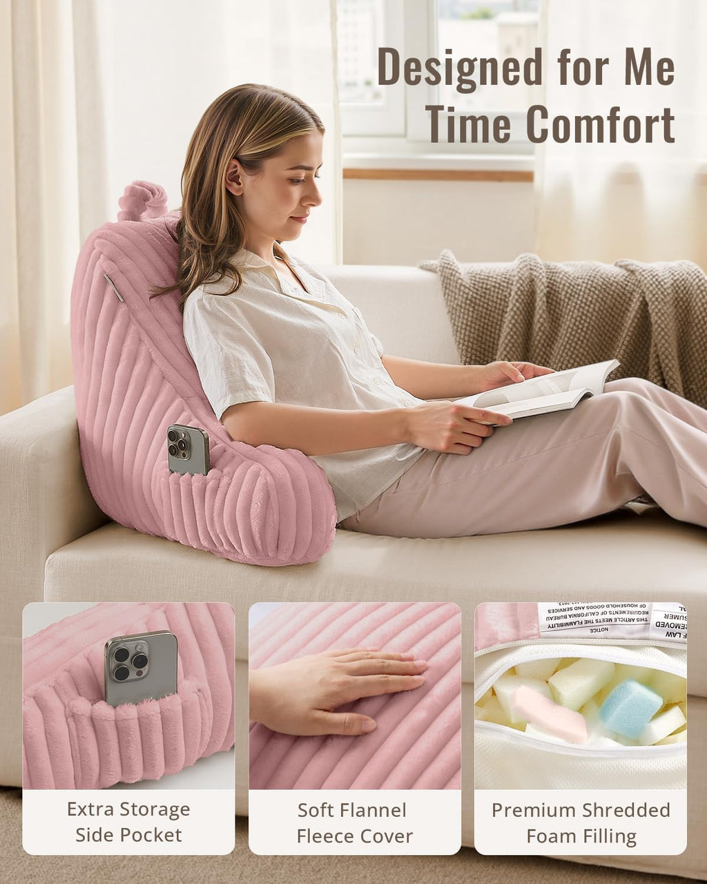 BlissfulDiary Blissful Diary Reading Pillow for Sitting in Bed, Large Flannel Back Pillow Bed Sitting Up for Adult & Children, Backrest Cus…