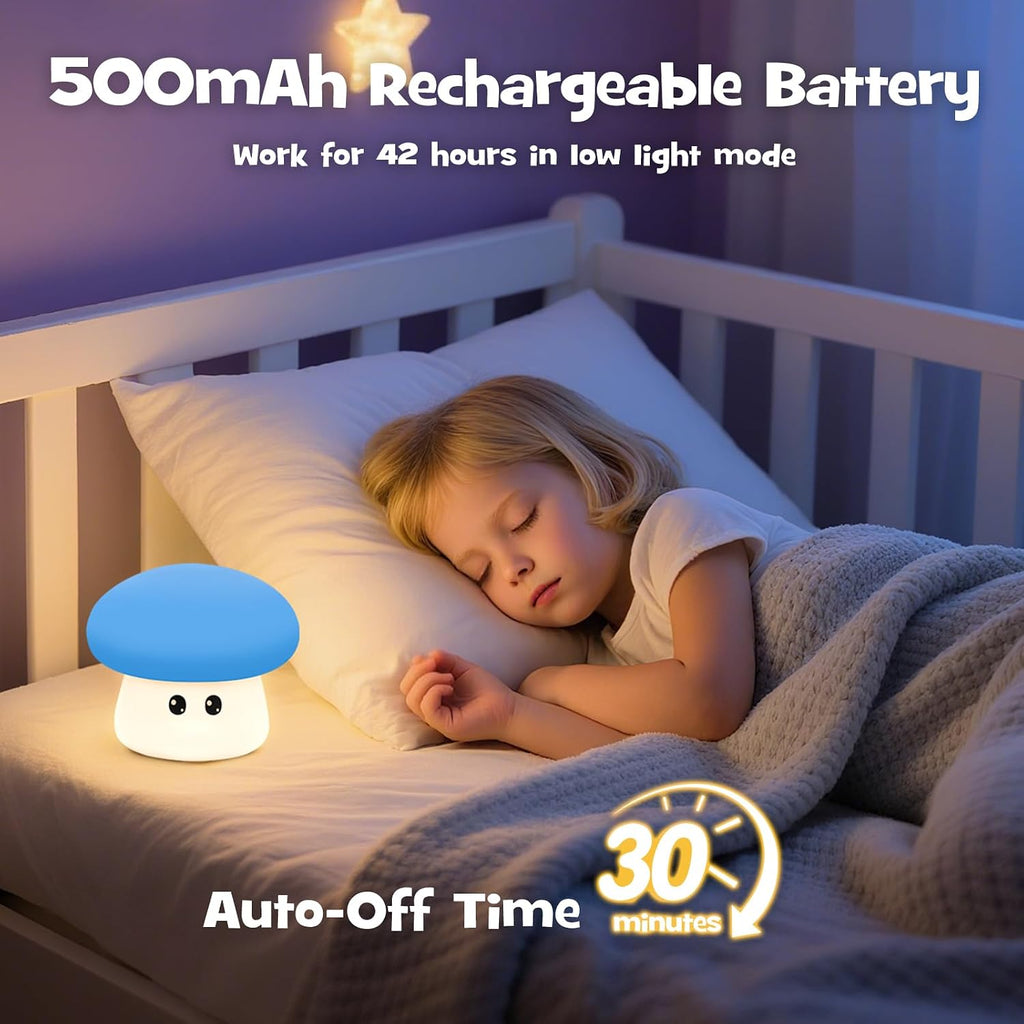 Squishy Big Eyes Mushroom Night Light with RGB Mode 3 Brightness Adjustable Nursery Breastfeeding Nightlight Cute LED Blue Mushroom Lamp…