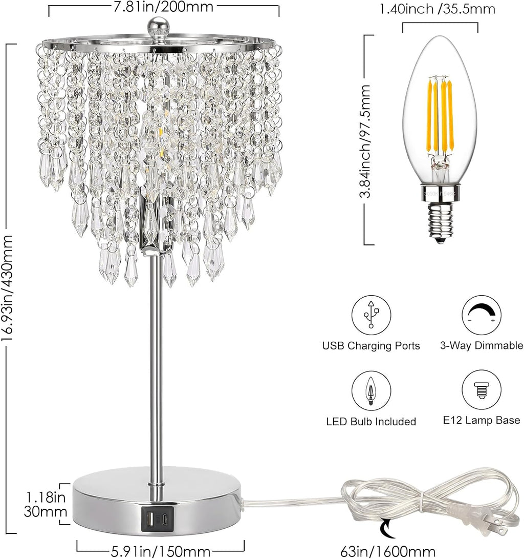Touch Control Crystal Table Lamp with USB C+A Charging Ports, 3-Way Dimmable Bedside Touch Lamp Decorative Nightstand Lamp with Elegant…