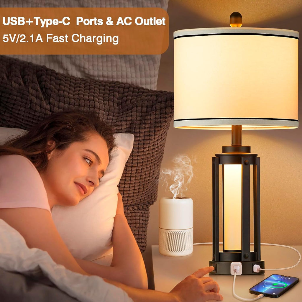 26" Modern Table Lamp with USB A+C Charging Ports & AC Outlet, Industrial Beside Contemporary Lamp Glass LED Night Light for Living Room…