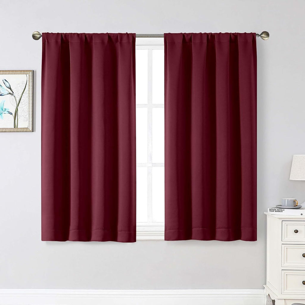 WelvetBLK Burgundy Room Darkening Curtains for Bedroom Living Room 45 Inch Length 2 Panels Set, Soft Solid Thermal Insulated Rod Pocket Sho…