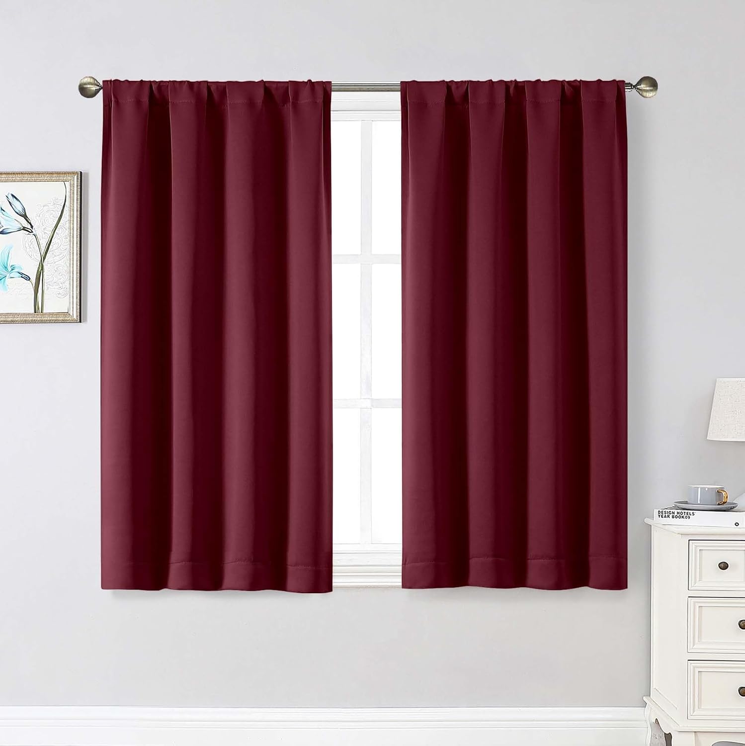 WelvetBLK Burgundy Room Darkening Curtains for Bedroom Living Room 45 Inch Length 2 Panels Set, Soft Solid Thermal Insulated Rod Pocket Sho…