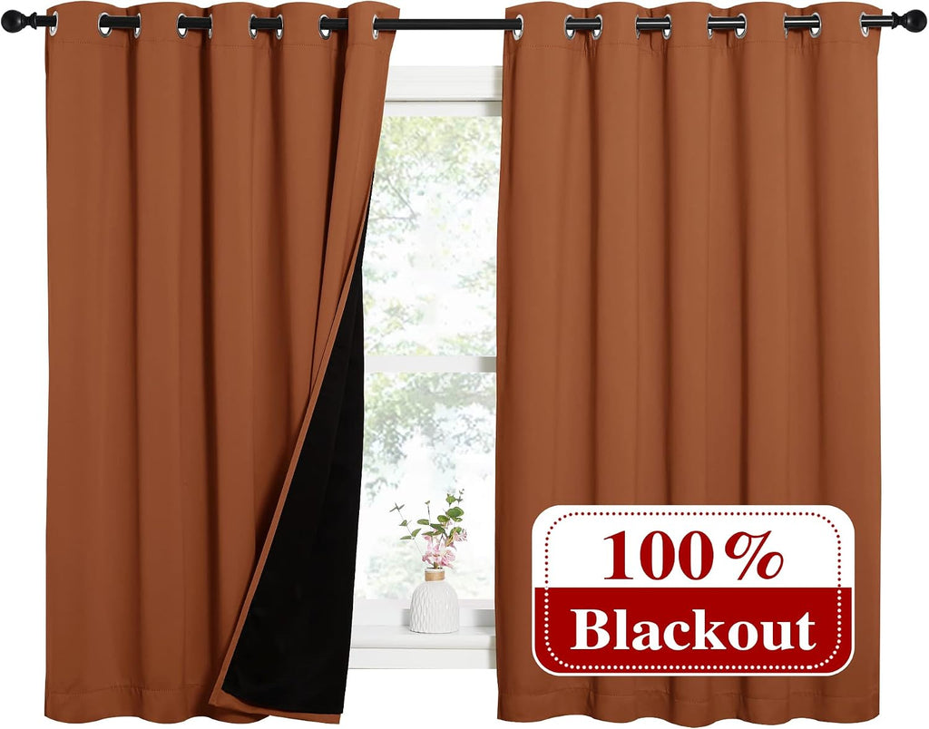 Nicetown Burnt Orange 100% Blackout Lined Curtains, 2 Thick Layers Completely Blackout Window Treatment Thermal Insulated Drapes for Kitche…