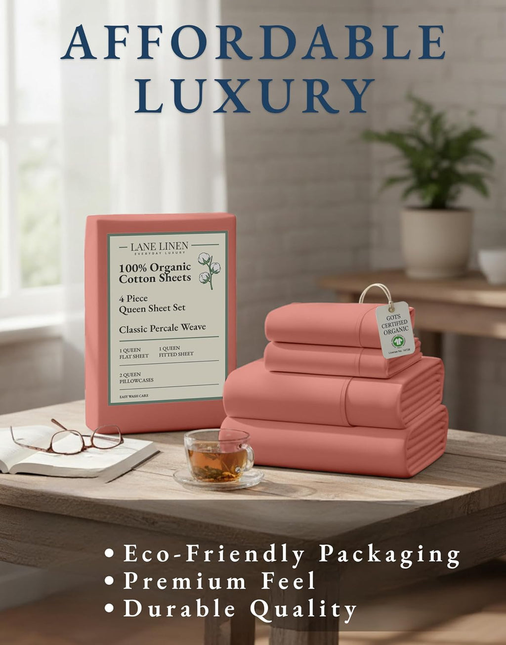 LaneLinen LANE LINEN 100% Organic Cotton Queen Sheets, reusable Mercerized Cotton Fully Elasticized Bedding Sheets & Pillowcase Set, Lo…