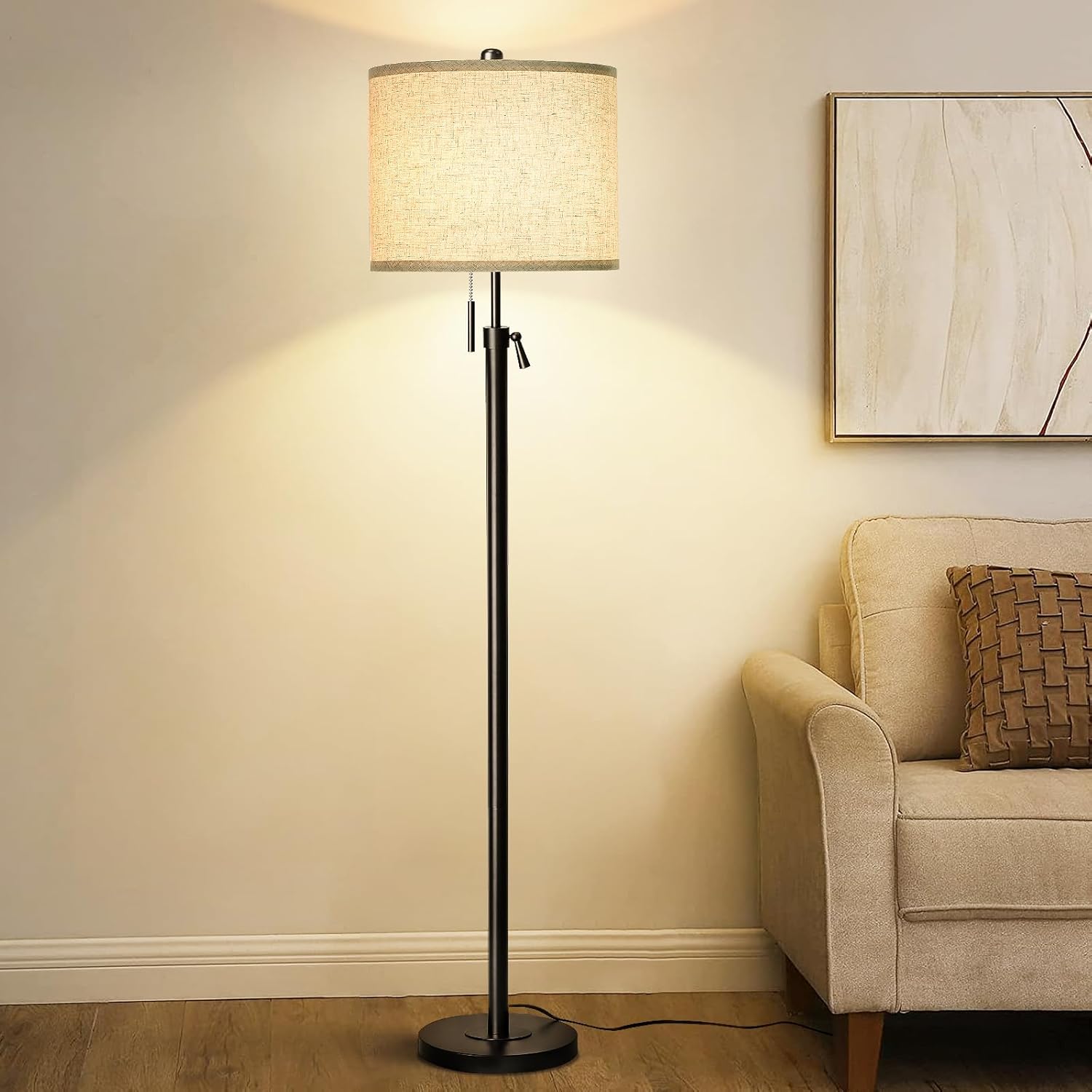Qingmiao Adjustable Height Floor Lamp for Living Room, Black Standing Lamp for Bedroom Office, Modern Tall Lamp with Linen Shade, 3-Way…