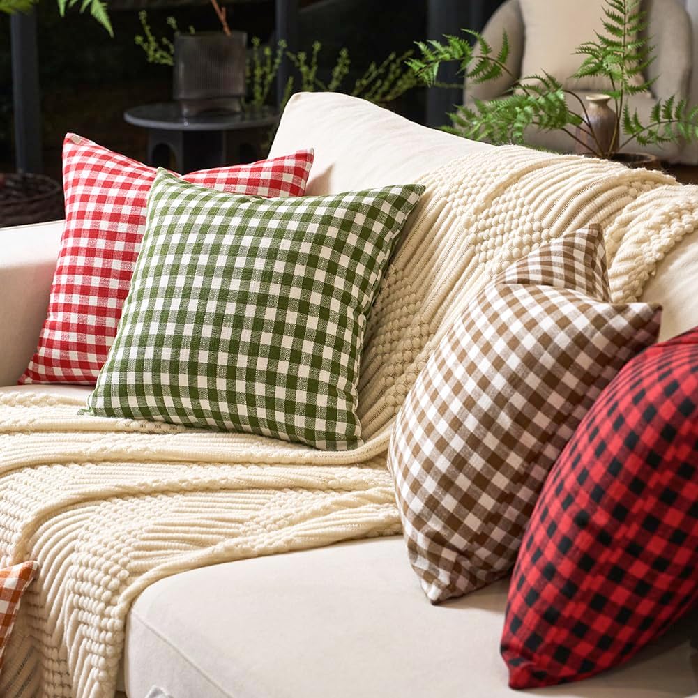 CARRIE HOME Outdoor Khaki and White Buffalo Plaid Pillow Covers 20x20 Set of 2, Khaki White Gingham Check Pillows Decorative Throw Pillow…