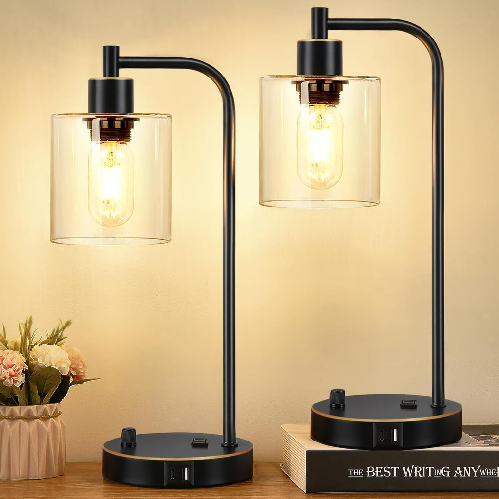 Set of 2 Black and Gold Industrial Table Lamps with USB Port, Fully Stepless Dimmable Bedside Lamps for bedrooms, Nightstand Desk Lamps…