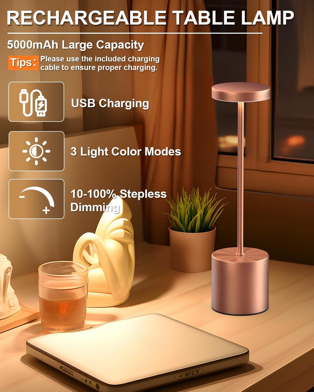 Swinerton Cordless Table Lamps Rechargeable, Portable LED Desk Lamp, 5000mAh Battery Powered Wireless Table Light - 3 Color Dimmable…