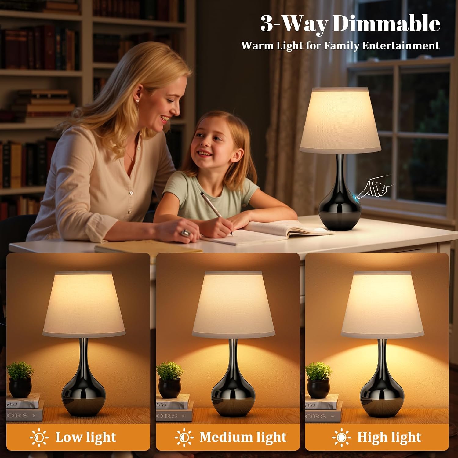 Seealle Touch Table Lamp for Bedroom, 3-Way Dimmable Small Bedside Lamps for Night Stands with Wires, Gloss Black Desk Lamp for Kids…