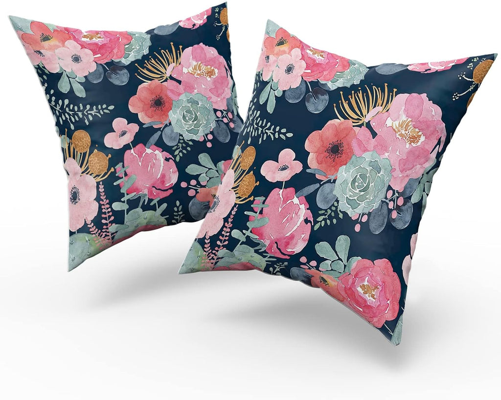 Granbey Watercolor Flower Throw Pillow Cover 24x24 Inch Pink Peony Floral with Green Leaf Decorative Pillow Cases Summer Navy Blue Cushion…