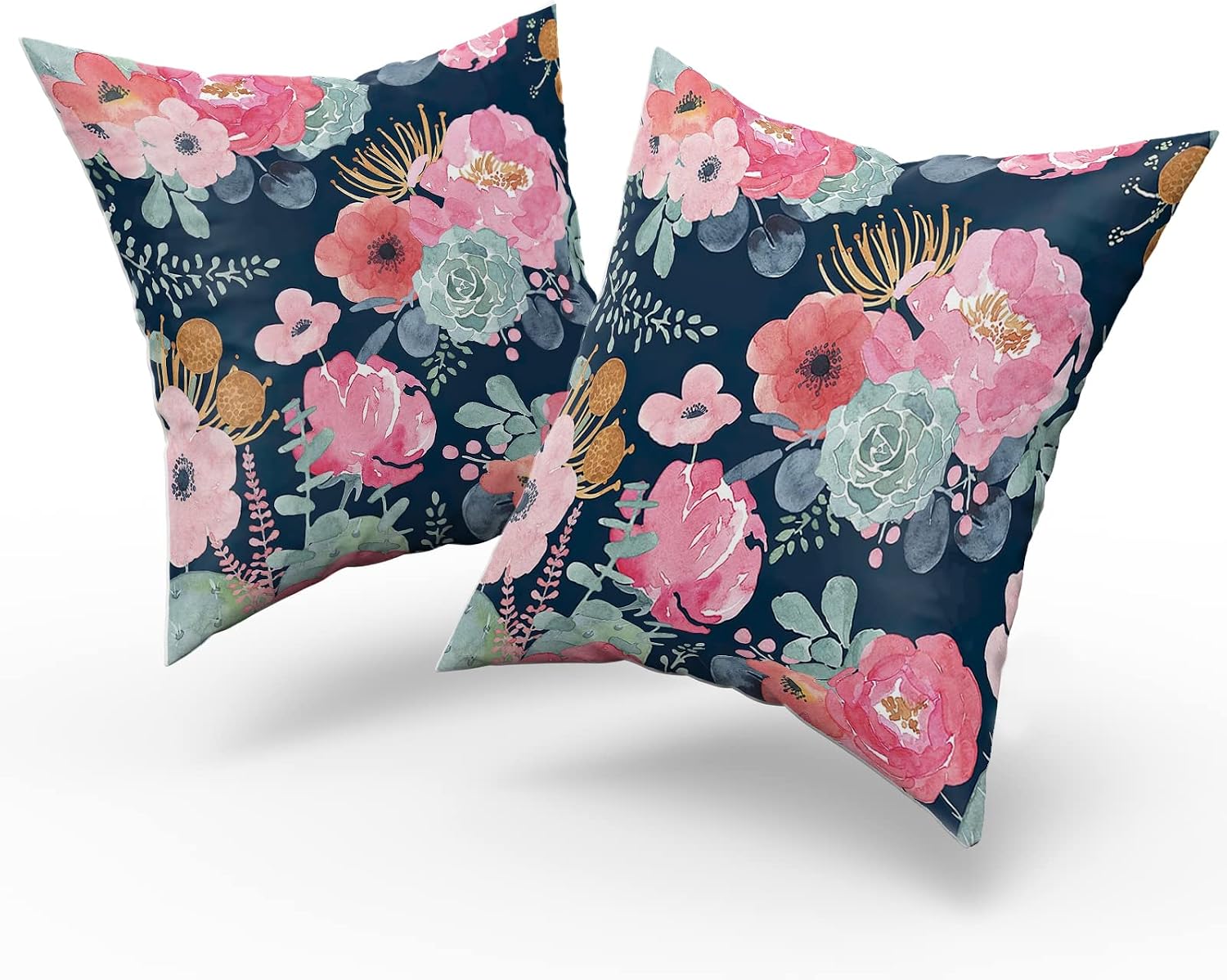 Granbey Watercolor Flower Throw Pillow Cover 22x22 Inch Pink Peony Floral with Green Leaf Decorative Pillow Cases Summer Navy Blue Cushion…
