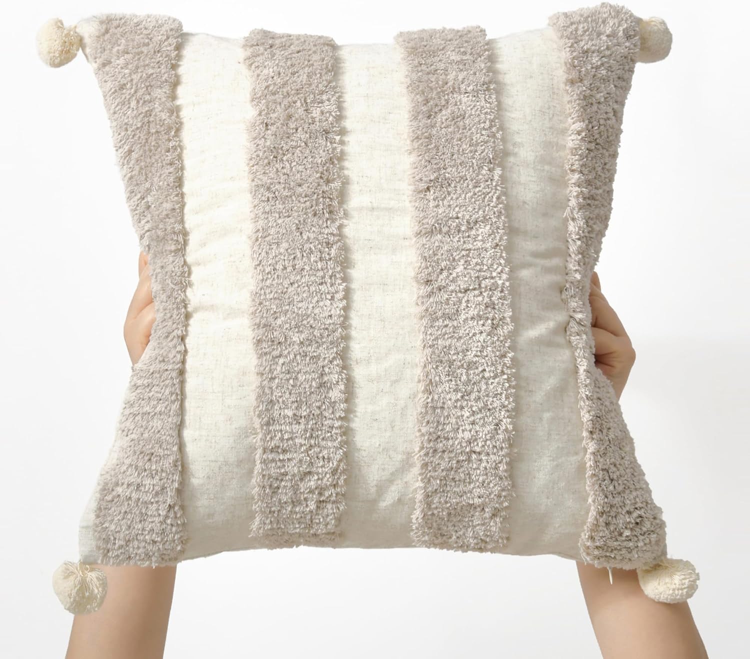 Loopuinhom Boho Pillow Covers 18X18 Inch Boho Tufted Linen Throw Pillow Covers Decorative Pompoms Cushion Cover Farmhouse Pillow Case for C…