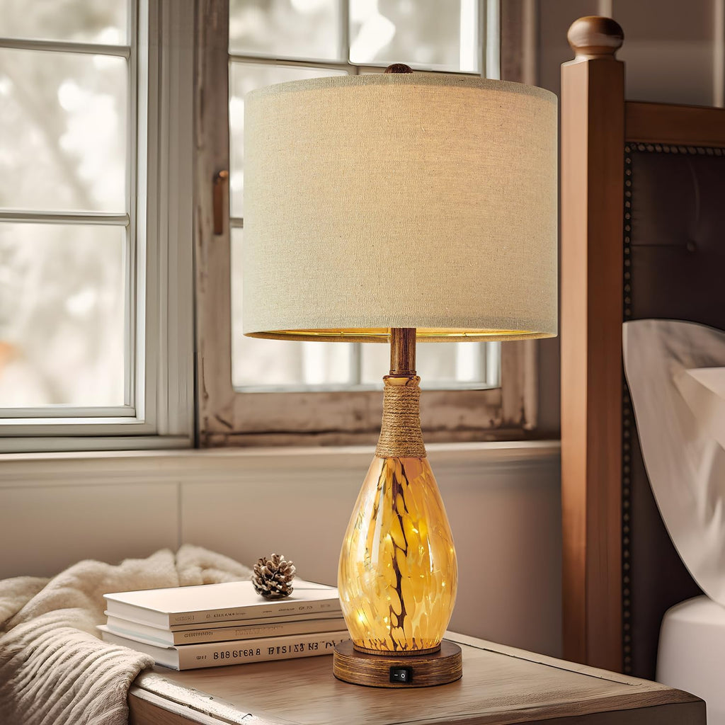 OYEARS 23" USB A+C Table Lamp for Bedroom Living Room Modern Bedside Lamps Retro Farmhouse Rattan Glass Nightstand Nightlight Lamps…