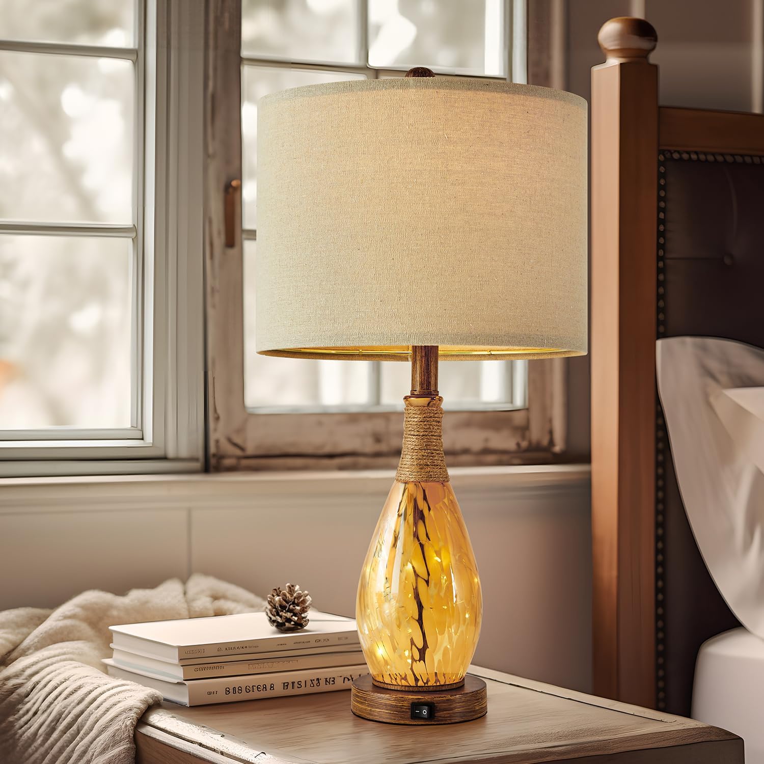 OYEARS 23" USB A+C Table Lamp for Bedroom Living Room Modern Bedside Lamps Retro Farmhouse Rattan Glass Nightstand Nightlight Lamps…