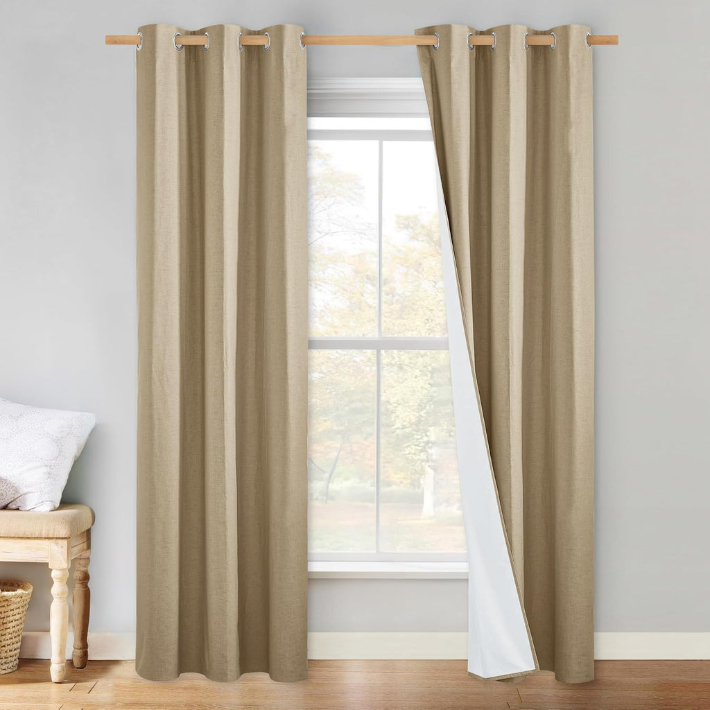 NICETOWN 100% Absolutely Blackout Linen Curtains with Thermal Insulated White Liner, Camel, W34 x L80, 2 Panels, Long Curtains 80 inch…