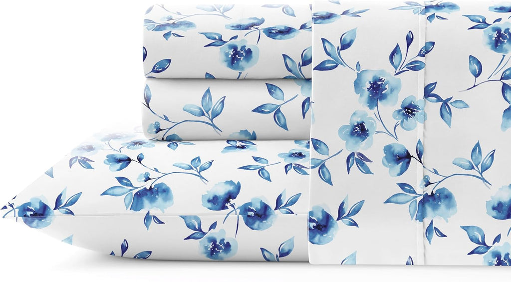 Pointehaven Water Petals White Full Cotton Crisp Percale Breathable Mercerized 4 pc Sheet Set