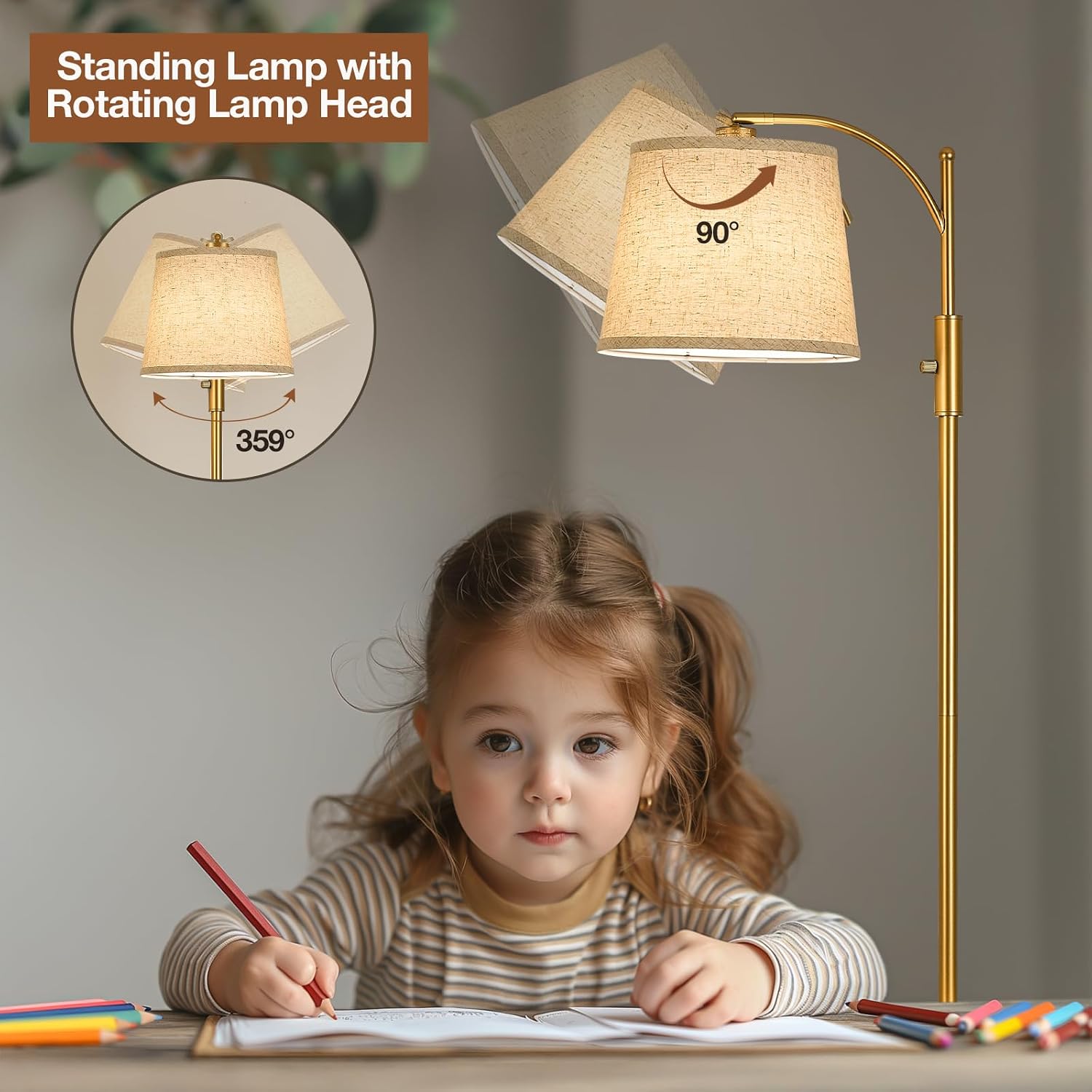 AIDENOEY Fully Dimmable Floor Lamp for Living Room, Standing Lamp Rotary Switch with Linen Beige Shade, Golden Tall Lamps for Bedroom with…