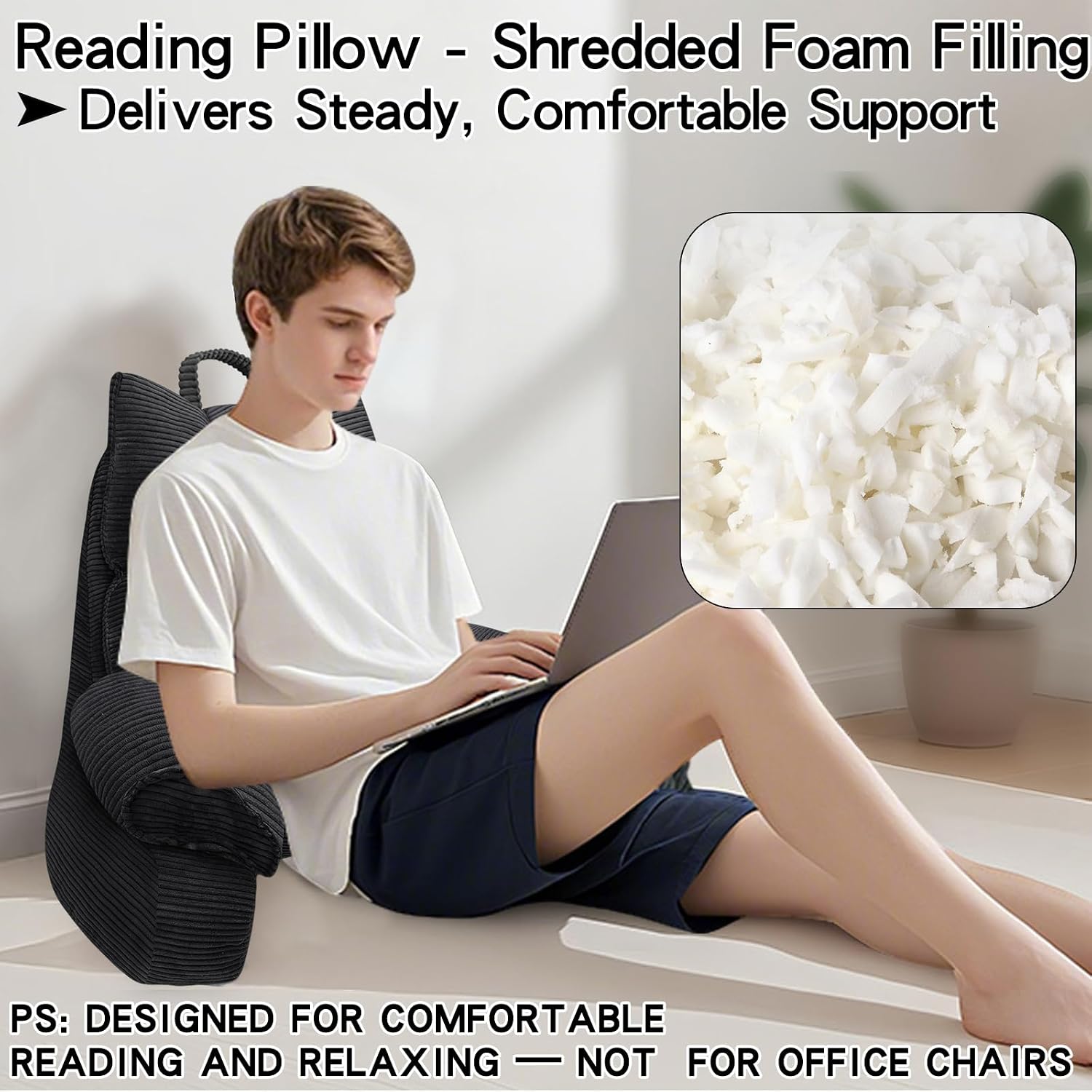 RRPAHWTV Reading Pillow for Bed with High Arm Rests, Back Support Pillow for Sitting Up in Bed with Shredded Memory Foam for Reading, TV…
