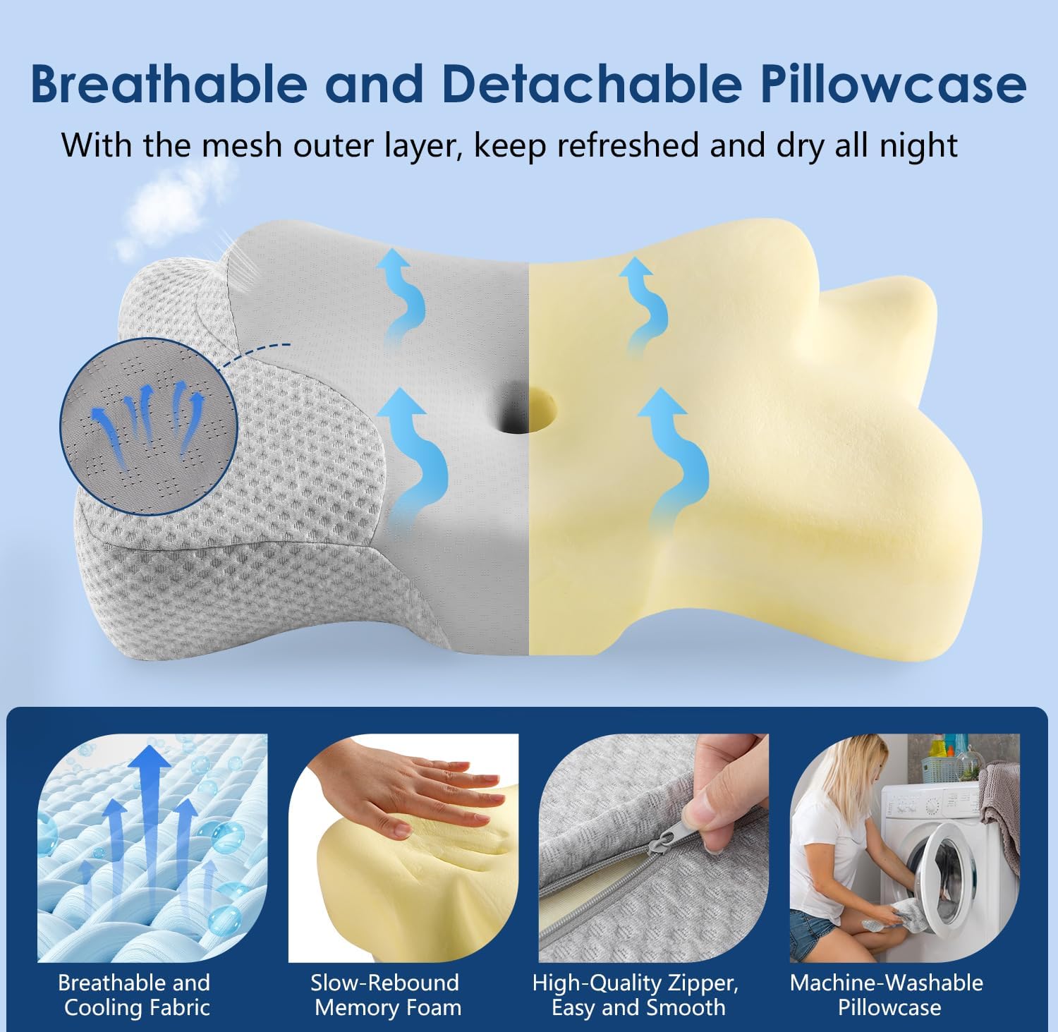 jiaao Cervical Neck Pillow Side Sleeper Pillow Ergonomic Memory Foam Contour Pillow for Pillow for Neck, Cooling Breathable Certified Cerv…