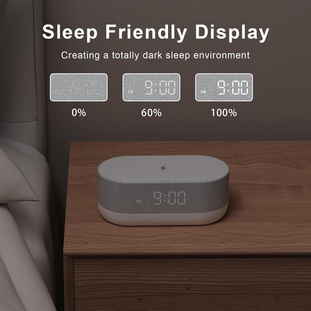 HOUSBAY 3 in 1 Sound Machine Alarm Clock& Wireless Charger: Soothing White Noise, Bluetooth Music Relaxation & Customized Sleep-Wake Routine