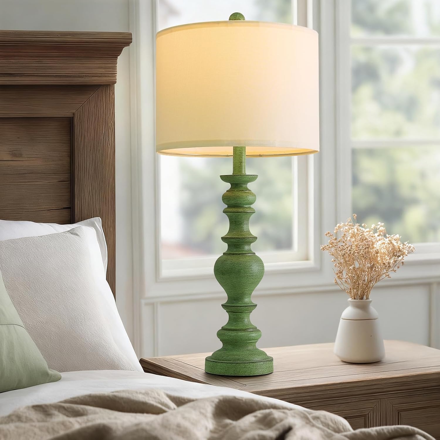 BOBOMOMO 27" Sage Green Table Lamps Set of 2, Large Farmhouse Resin Lamps with Linen Shades, Green Vintage Lamps for Living Room…