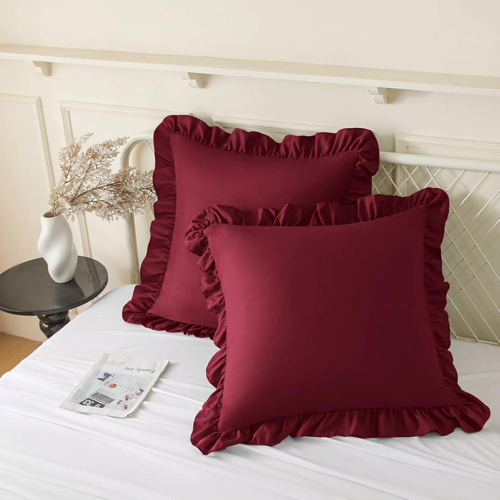 KKJIAF Ruffle Pillow Cases 22x22 Inches, Burgundy Square Ruffled Pillow Covers Set of 2, Microfiber Wrinkle Resistant Pillow Shams with…