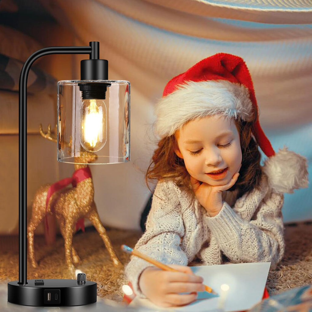 Set of 2 Industrial Table Lamps with USB C+A Ports and Outlet, Fully Stepless Dimmable Bedside Lamps for Bedrooms, Nightstand Desk Lamp…