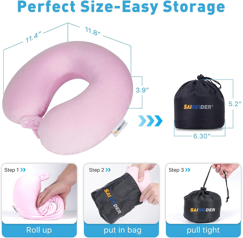 Saireider Travel Neck Pillow 100% Memory Foam, Airplane Rest help reduce Head from Falling Forward, Plane Accessories with Storage Bag…