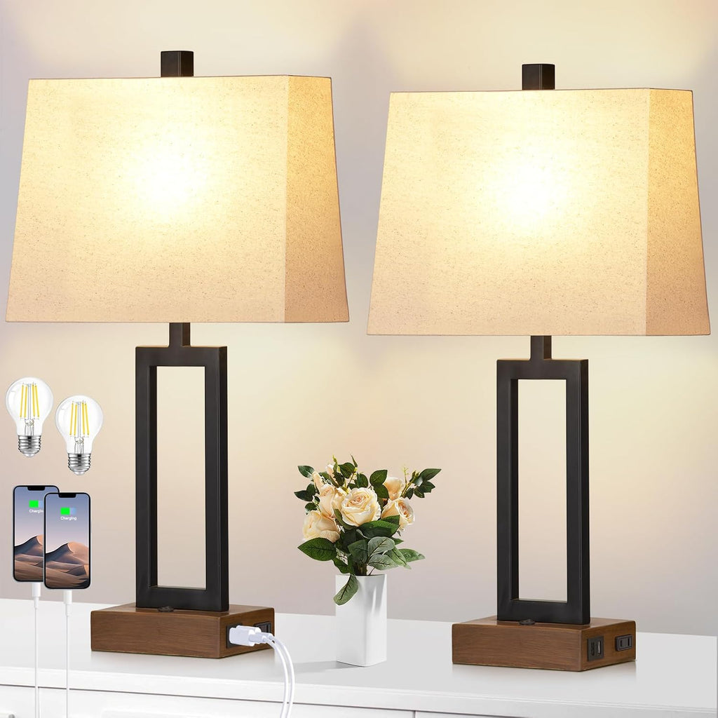 Lolikit Table Lamp for Bedroom Set of 2 with 2 USB Ports and AC Power Outlet, 23.5" Modern Bedside Lamp, Wood Nightstand Lamp with Linen…