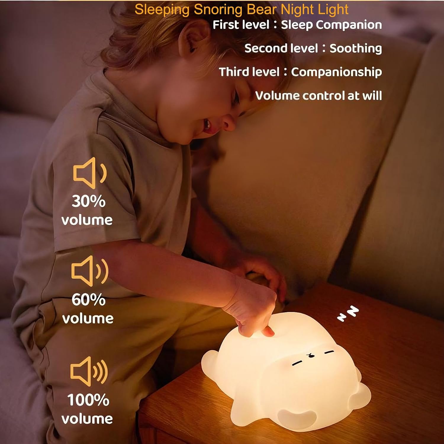 Dreaming My Dream Sleeping Snoring Bear Night Light Nursery lamp for Kids,3-Level Dimmable,30Min Auto-Off Timer, Rechargeable Type-C, BPA-Fr…