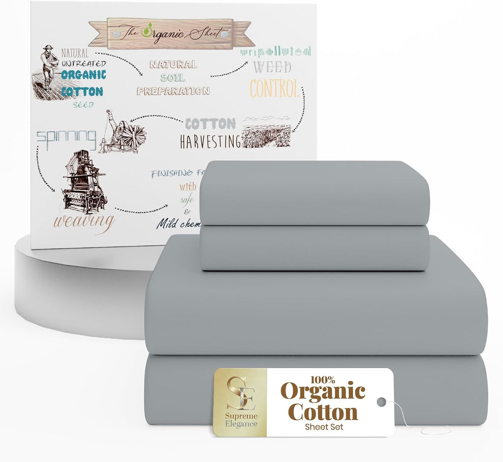 SupremeElegence Supreme Elegance 4-Piece 100% Organic Cotton Queen Bed Sheets Set - Cooling Percale Weave for Hot Sleepers - Brushed for So…