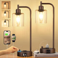 Innqoo Industrial Table Lamps for Bedrooms Set of 2 - Fully Dimmable Bedside Lamps with USB Ports and Outlet, Brown Nightstand Lamps with…