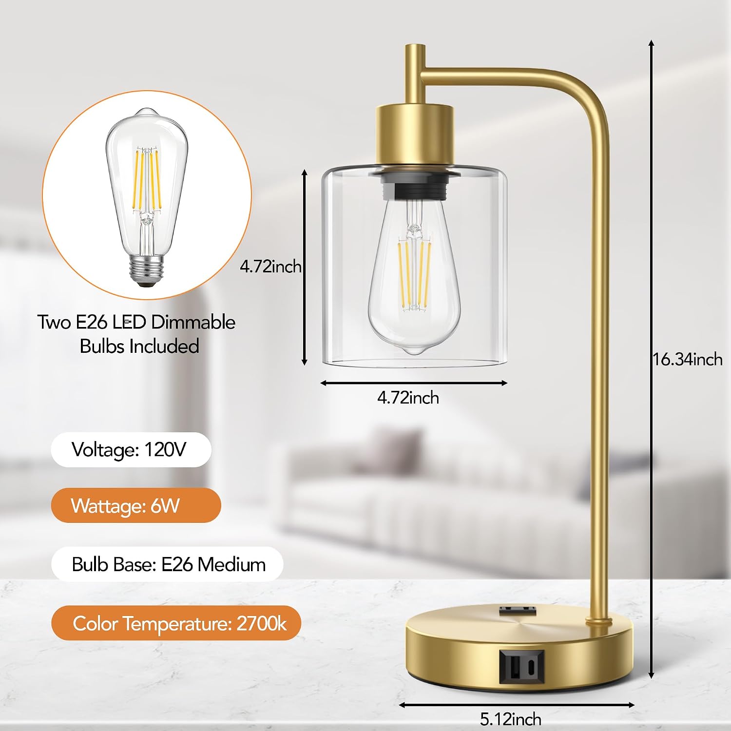 QiMH Set of 2 Industrial Touch Control Table Lamps with 2 USB Ports and 2 AC Outlets, 3-Way Dimmable Bedside Nightstand Reading Lamps…