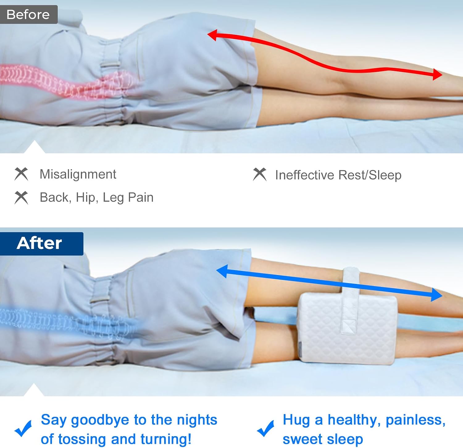 KingPavonini Cooling Knee Pillow for Side Sleepers, Gel Memory Foam Leg Pillows for Side Sleeping with Ice Silk Cover and Strap, Knee Pillo…