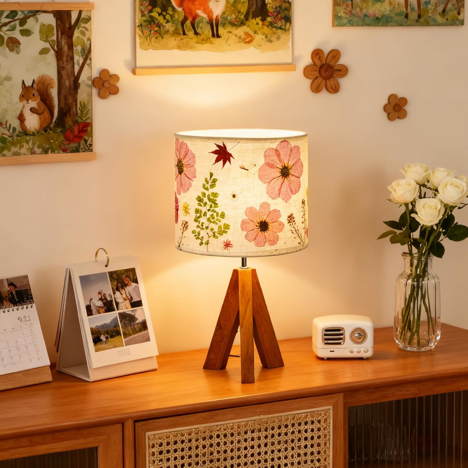 Dried Flowers Tripod Table Lamp 14.96in, 9W LED 3-Color Cute Bedside Lamp with Flowers Linen Lampshade for Nursery, Bedroom, Kid Room…
