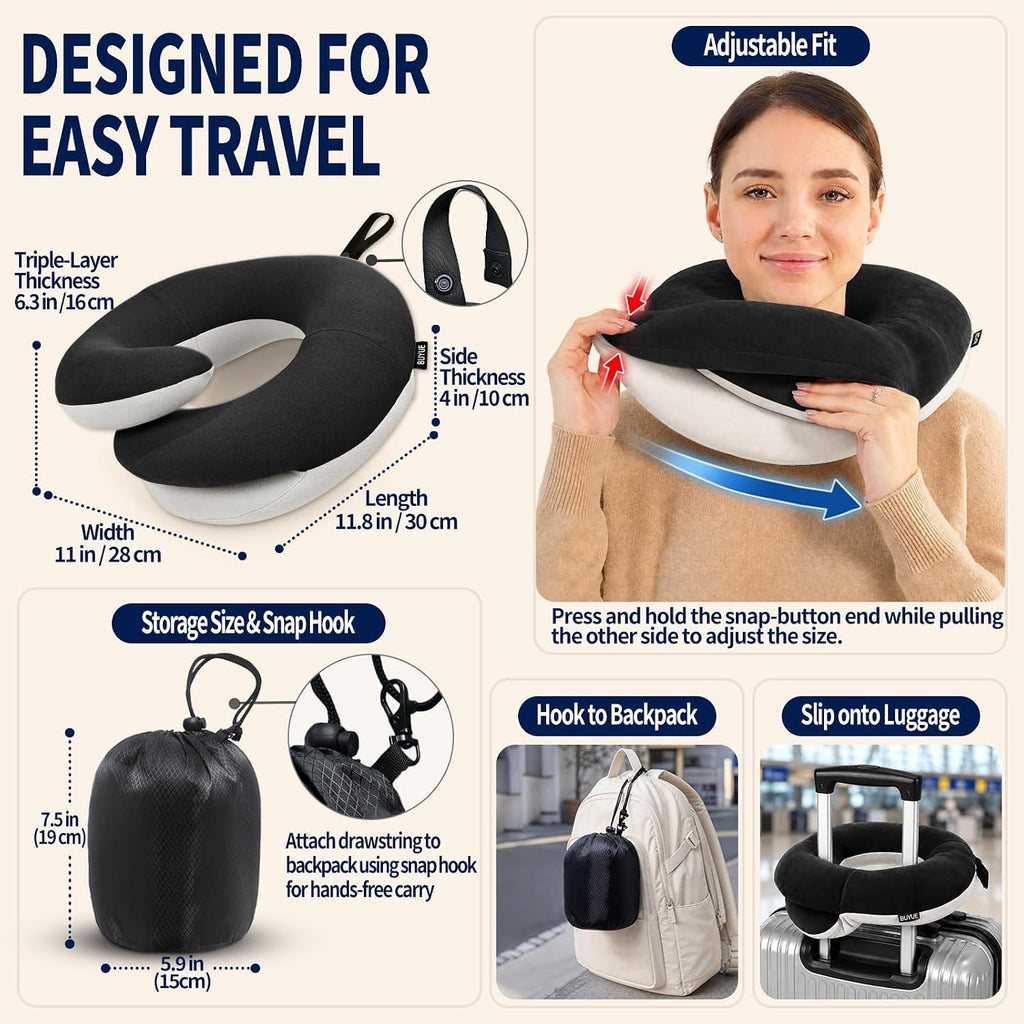 BUYUE Travel Neck Pillows for Airplanes, Memory Foam 360° Head Support Sleep for Long Flight, Skin-Friendly & Breathable, Kit with Eye…