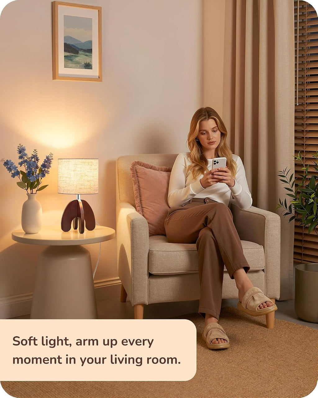 EDISHINE 14.17" Small Table Lamp, Integrated Four-Legged Wooden Bedside Lamp Base, Beige Linen Lampshade, E26, Modern Nightstand Lamp for…