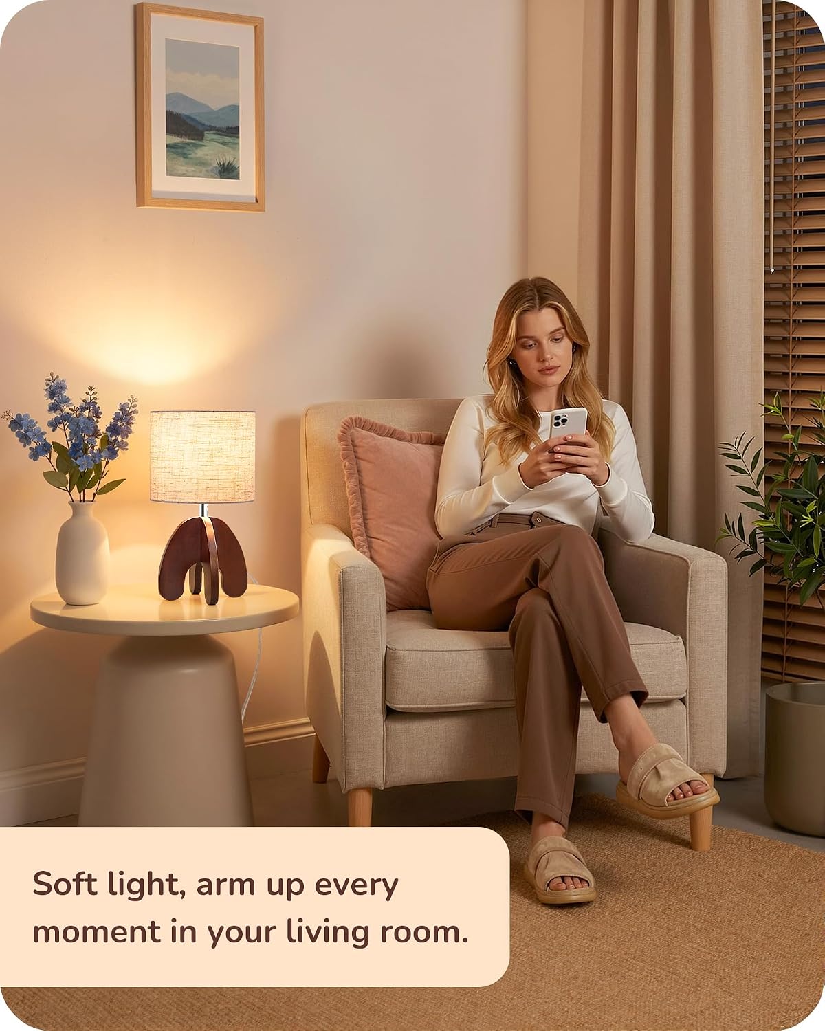 EDISHINE 14.17" Small Table Lamp, Integrated Four-Legged Wooden Bedside Lamp Base, Beige Linen Lampshade, E26, Modern Nightstand Lamp for…