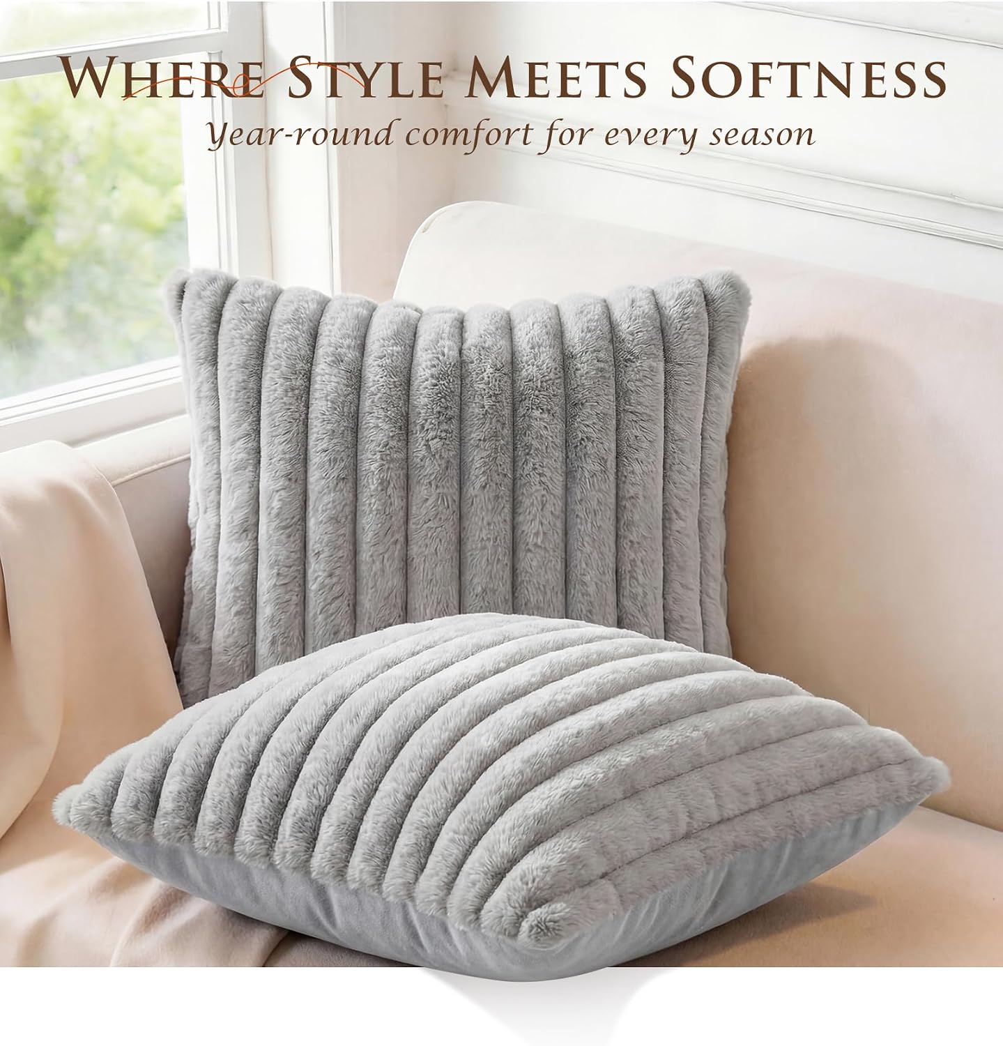MEGAYES Pack of 2 Throw Pillow Covers 20x20 Decorative Solid Plush Faux Fur with Soft Velvet Back, Square Striped Cushion Cases Mode…