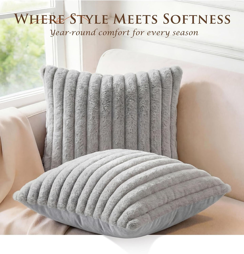 MEGAYES Pack of 2 Throw Pillow Covers 20x12 Decorative Solid Plush Faux Fur with Soft Velvet Back, Square Striped Cushion Cases Mode…