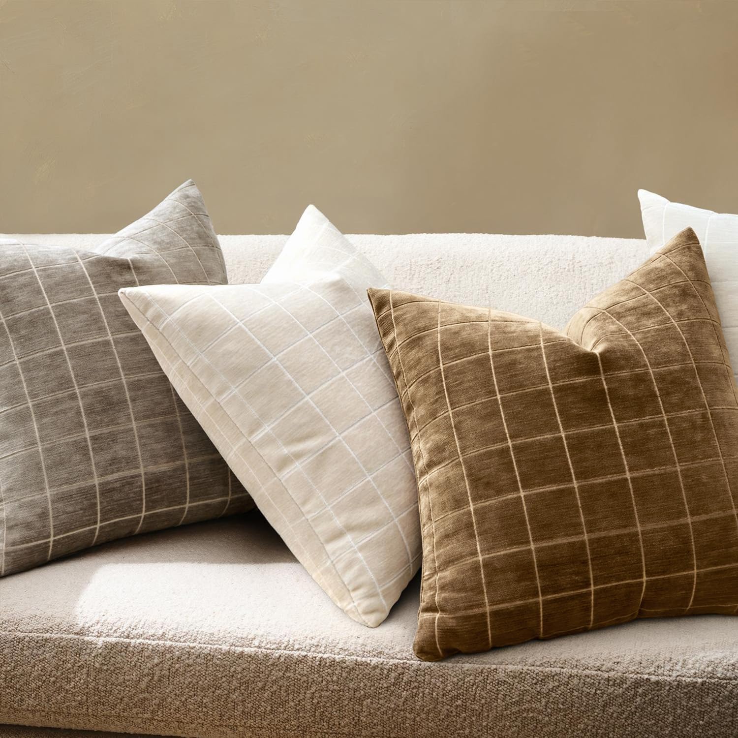 Miulee Decorative Chenille Check Throw Pillow Covers Vintage Plaid Couch Pillows 18x18 Inch Set of 2 Neutral Boho Farmhouse Cushion Covers…