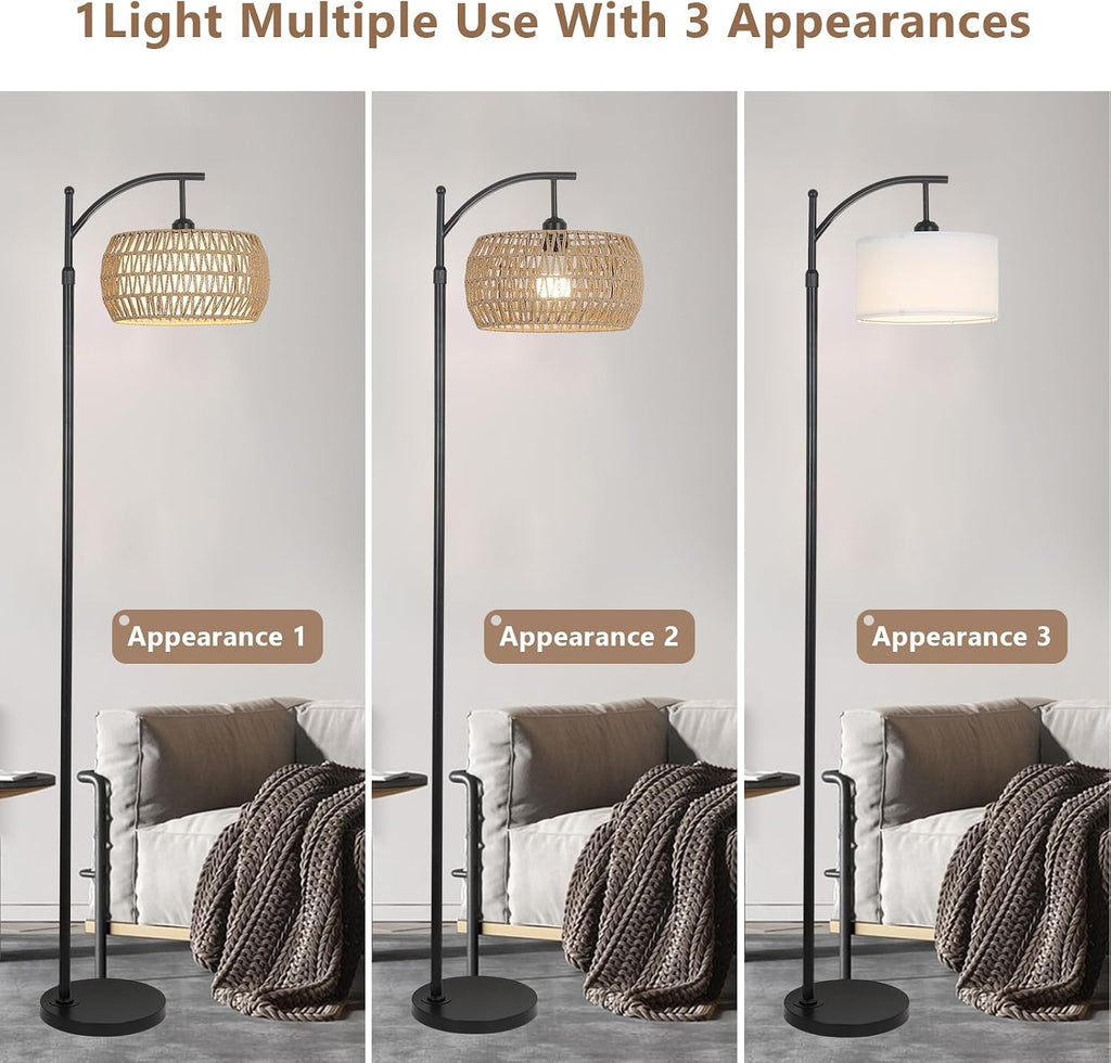 Arc Floor Lamp with Remote Control, Dimmable LED Floor Lamp with 3 Color Temperature, Black Standing Lamp with Rattan & Fabric Double…