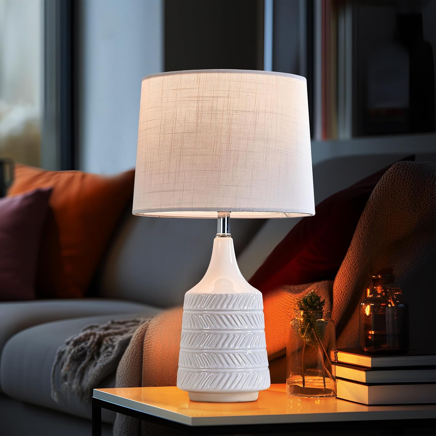 White Ceramic Table Lamps Set of 2, Decor Farmhouse Lamps for Living Room End Tables, 18.5" Bedside Lamps for Night Stands, Modern Boho…