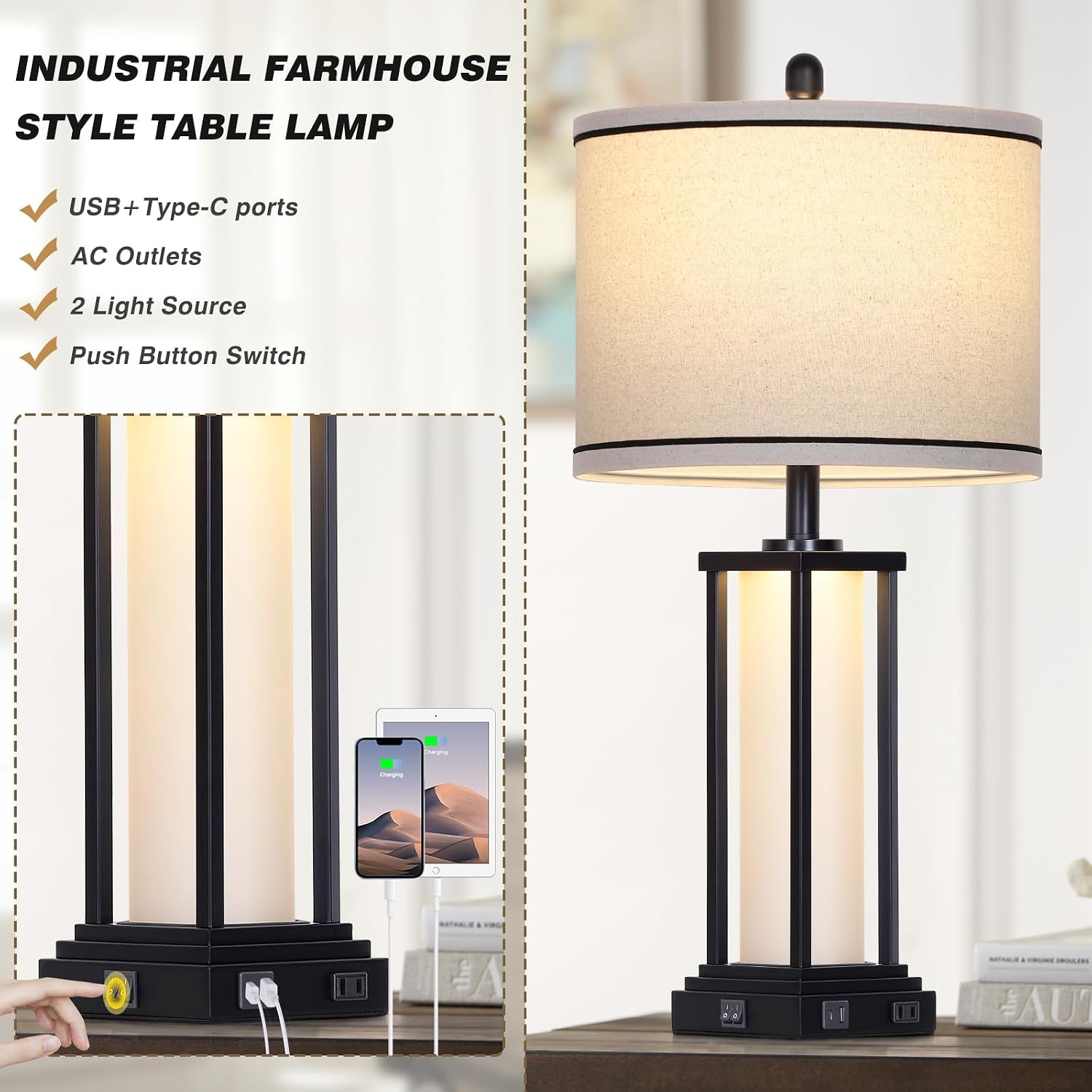 Cinkeda 27" Tall Vintage Table Lamp with USB C+A & Outlet, Black Industrial End Table Lamp for Living Room, Farmhouse Rustic Bedside Lamp…