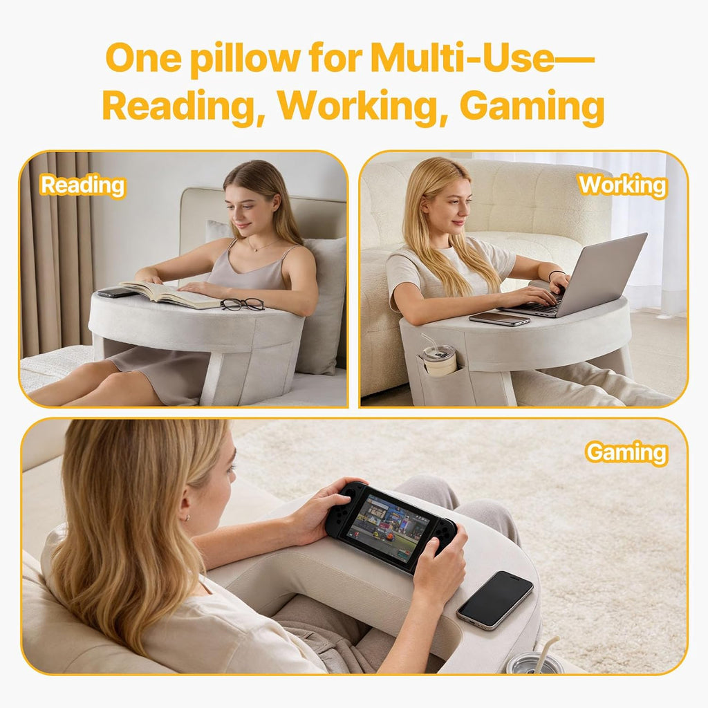 Sweetcrispy Ergonomic Reading Pillow Lap Desk with Storage Pockets & Supportive Arm Rests, Arc-Shaped Design for Gaming, Reading & Working…