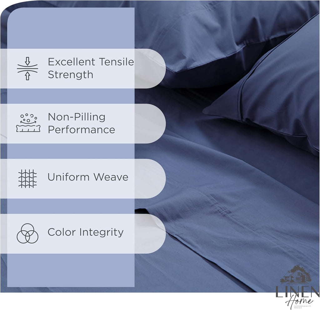Linenhome Linen Home 6 Piece Queen Cotton Sheet Set, 100% Cotton Percale, 4 Pillowcases, Deep Pocket with All Around Elastic Sheet, Crisp B…