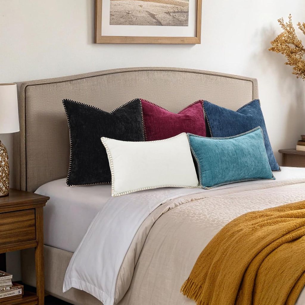 decorUhome Chenille Soft Cozy Throw Pillow Covers 20x20 Set of 2, Modern Farmhouse Boho Velvet Decorative Pillow Cases with Stitched Edge f…